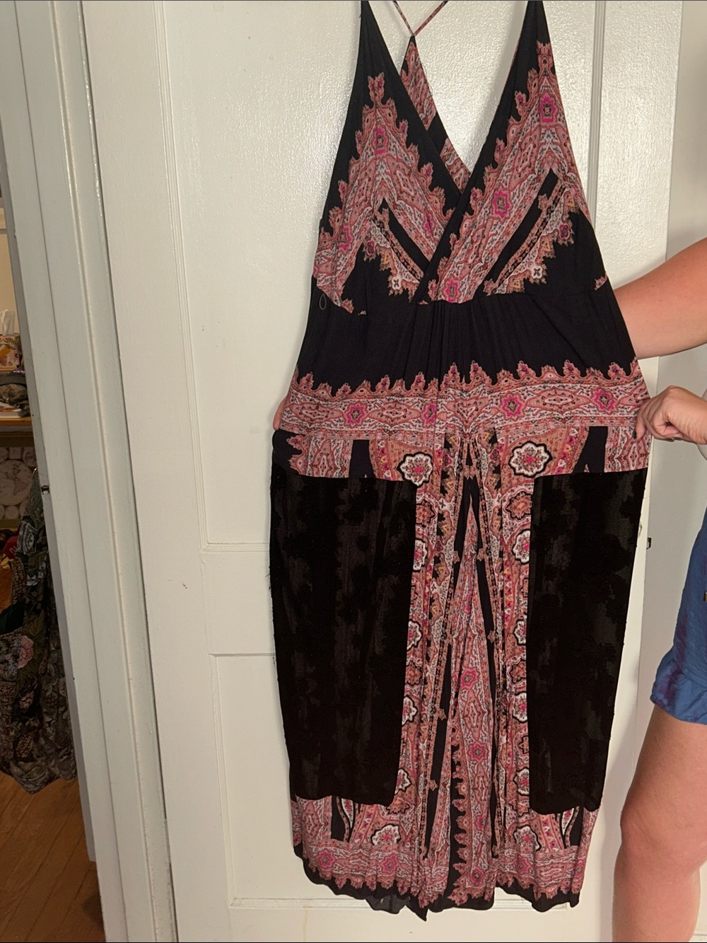 Free People Black and Pink Paisley Halter Romper